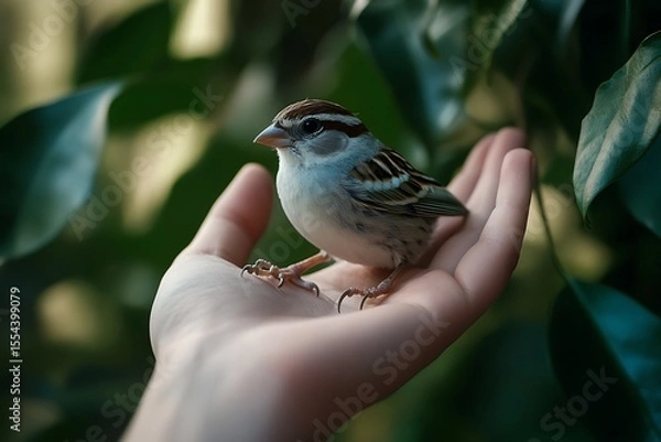 Fototapeta Sparrow Perched Gently on Open Palm Amidst Green Foliage, Serene Wildlife Encounter