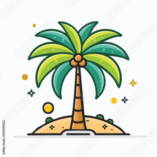 Fototapeta Flat Vector Illustration of a Coconut Tree with Bold Black Outlines and Modern Tropical Graphic Style