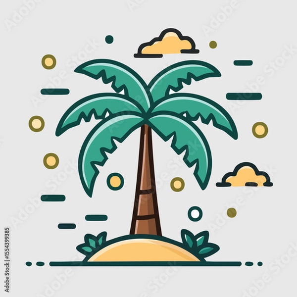 Fototapeta Flat Vector Illustration of a Coconut Tree with Bold Black Outlines and Modern Tropical Graphic Style