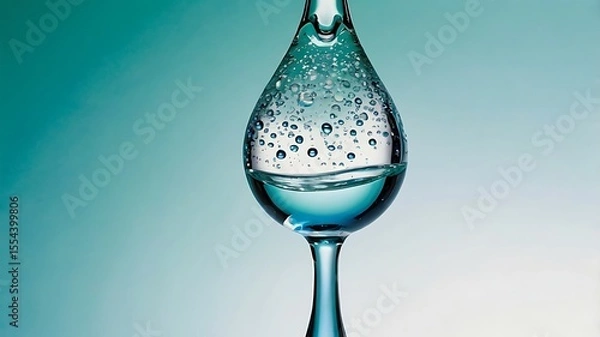 Fototapeta Elegant Water Drop Macro Photography with Detailed Reflections and Bubbles on a Gradient Blue Background