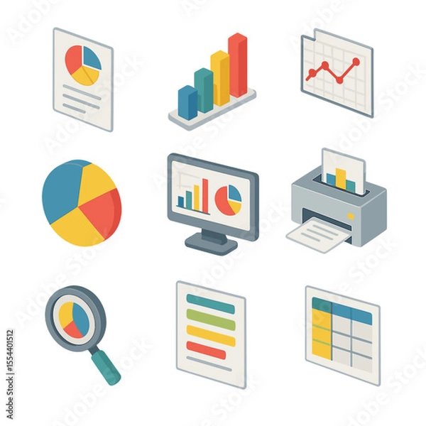 Fototapeta Financial and Black History Icons. Isometric Flat icon set of financial reporting: report document, bar graph, line chart, pie