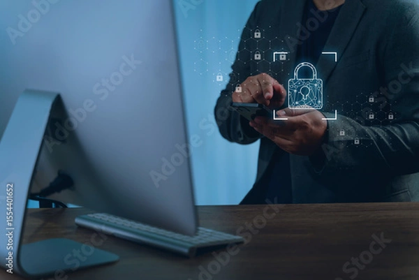 Obraz Data protection privacy person business suit using smartphone with digital lock icons and security graphics overlayed, indicating cybersecurity
