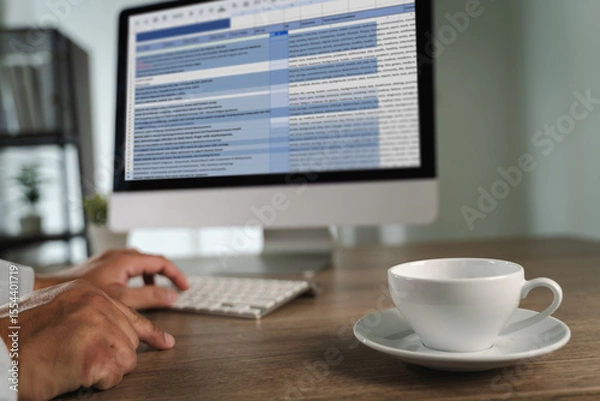 Obraz Man working on excel person working desk with computer and coffee cup, modern office environment, with blurred background, showing busy schedule
