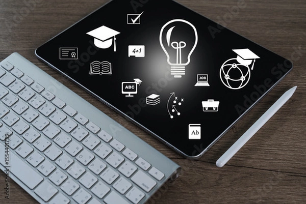 Obraz Student success tablet with educational icons and stylus wooden surface, representing learning and innovation, evokes creativity and knowledge