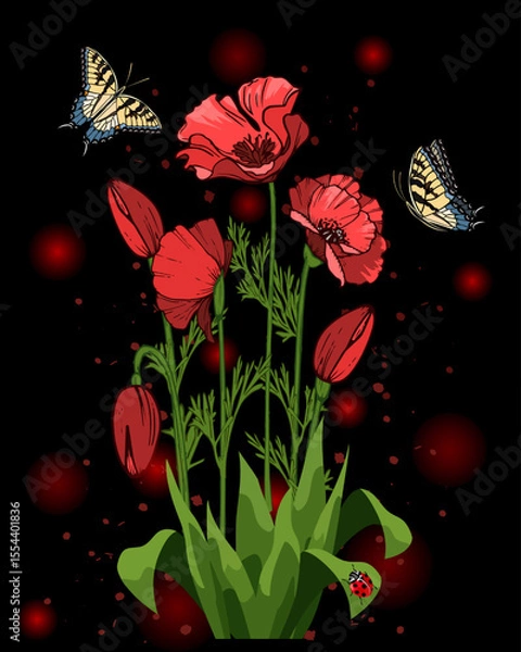 Obraz Illustration with poppies and butterflies.Vector illustration with red poppies and bright butterflies on a black background.