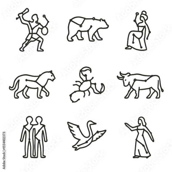 Fototapeta Celestial Constellation Icons. Outline icon set of Celestial Constellations: Orion hunter, Ursa Major bear, Cassiopeia queen, Leo
