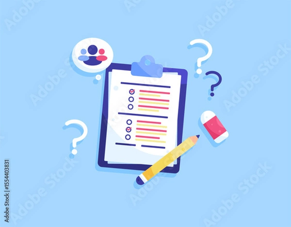 Fototapeta a concept of questionnaire, survey, questions. document for collecting data from respondents. illustration of clipboard with question form with pencil, eraser. question mark symbol. flat style design