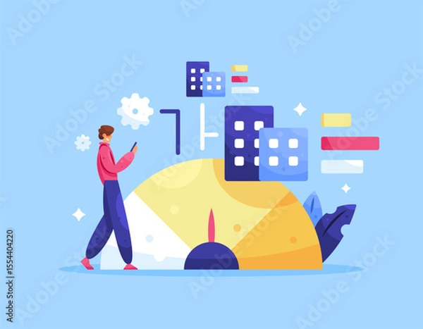 Fototapeta benchmarking concept. comparing and measuring the performance, practices, or processes of a company. illustration of a businessman viewing and analyzing business data. flat style design. blue