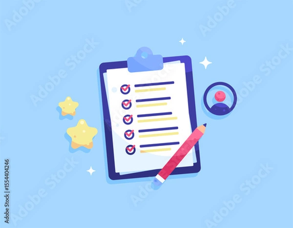 Fototapeta a concept of questionnaire, survey, questions. document for collecting data from respondents. illustration of clipboard with question form with pencil, star. question mark symbol. flat style design