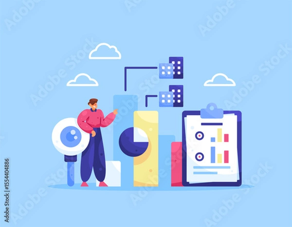 Fototapeta benchmarking concept. comparing and measuring the performance, practices, or processes of a company. illustration of a businessman viewing and analyzing business data. flat style design. blue