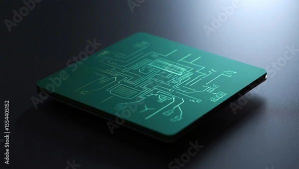 Obraz Softly glowing eco-friendly chip with embedded solar and wind icons, symbolizing green energy integrated into advanced circuitry.