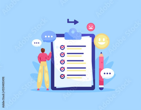 Fototapeta concept of questionnaire, survey, poll, questions or quiz. document for collecting information data. illustration of a man or respondent with clipboard and question form. flat style design. blue