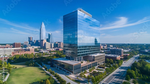 Obraz Aerial view of modern glass skyscrapers in charonderstone, North Carolina skyline with downtown buildings and blue sky.