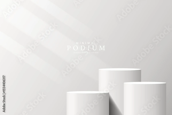 Obraz 3D product Minimal display stand. white color cylinder stand podium on a gray background. Abstract geometric shapes in a simple design. Fashion stage mockup scene. Studio product display stand.