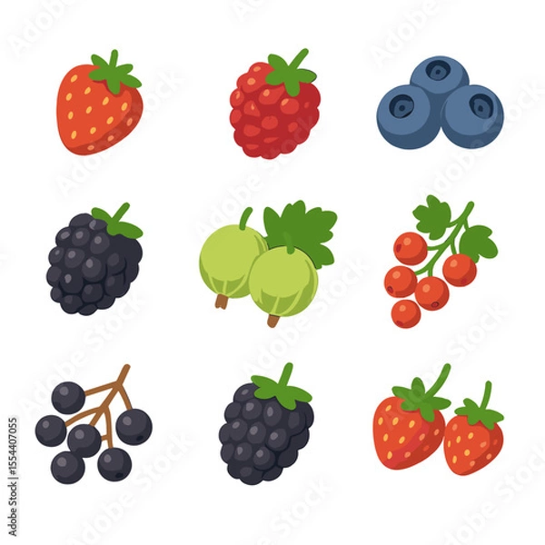 Obraz Summer Berry Icons. Isometric Flat icon set of summer berry harvest: strawberries, raspberries, blueberries, blackberries,