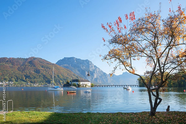 Obraz autumnal scenery at lake shore Traunsee, view to Ort castle, austria