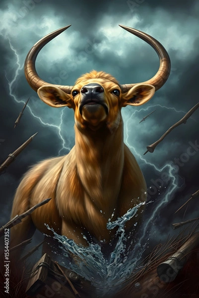 Fototapeta Powerful brown bull emerging from water with dramatic lightning in a stormy background