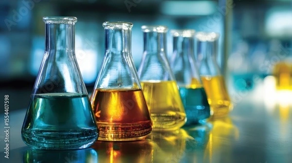 Fototapeta Laboratory glassware filled with colorful liquids arranged on a reflective surface in a scientific setting.