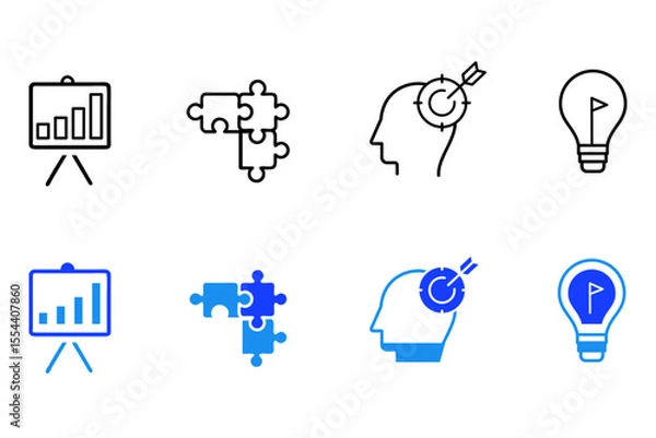 Fototapeta Strategy line and flat icons set. Goal, vision, mission, planning, roadmap, business model, tactics, competitive advantage, objectives icons. Editable vector illustration