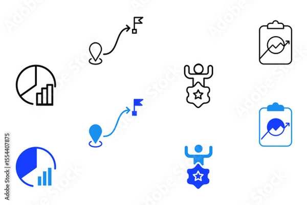 Fototapeta Strategy line and flat icons set. Goal, vision, mission, planning, roadmap, business model, tactics, competitive advantage, objectives icons. Editable vector illustration
