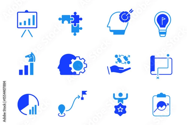 Fototapeta Strategy best solid icons set. Goal, vision, mission, planning, roadmap, business model, tactics, competitive advantage, objectives icons. Editable vector illustration