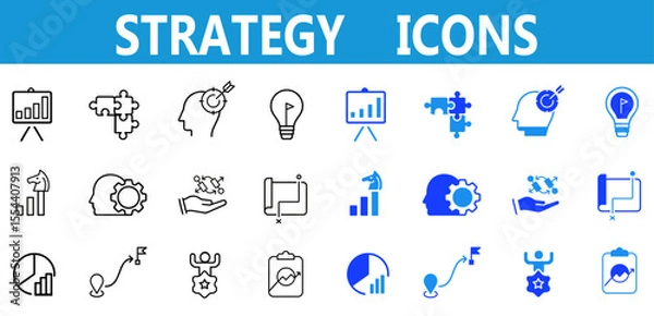 Fototapeta Strategy line and flat icons set. Goal, vision, mission, planning, roadmap, business model, tactics, competitive advantage, objectives icons. Editable vector illustration