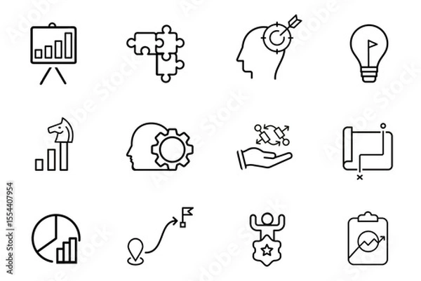 Fototapeta Strategy line stroke icons set. Goal, vision, mission, planning, roadmap, business model, tactics, competitive advantage, objectives icons. Editable vector illustration