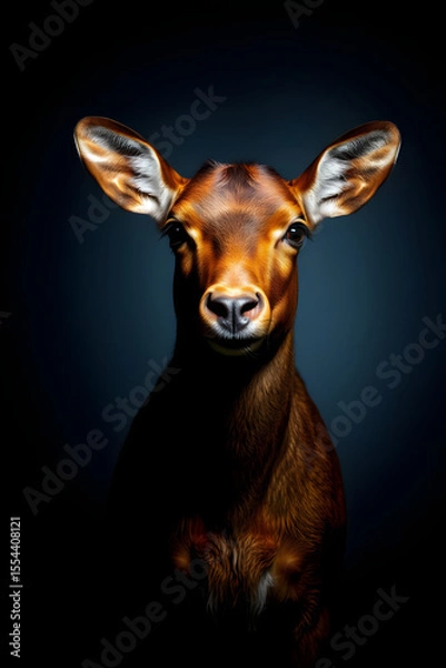Fototapeta Striking close-up portrait of a brown calf against a dark background with dramatic lighting