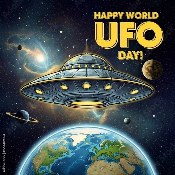 Fototapeta Celebrating Happy World UFO Day A Whimsical Cartoon Illustration of Earth with a Flying Saucer Amidst Stars