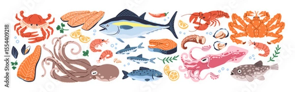 Obraz Seafood set. Fresh sea food, shrimps, lobster, marine squid, octopus, ocean shellfish, salmon, tuna and cod fish, mussels, oysters and crab. Flat vector illustration isolated on white background
