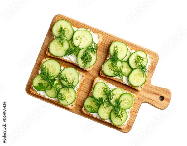 Fototapeta Cucumber Sandwiches with Dill on Wooden Board – Top View

