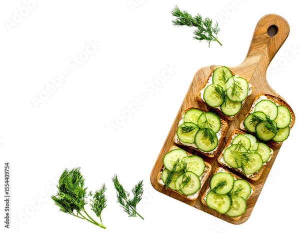 Fototapeta Cucumber Sandwiches with Dill on Wooden Board – Top View


