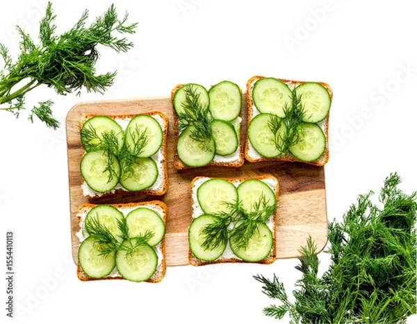 Fototapeta Cucumber Sandwiches with Dill on Wooden Board – Top View

