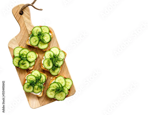 Fototapeta Cucumber Sandwiches with Dill on Wooden Board – Top View

