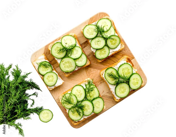 Fototapeta Cucumber Sandwiches with Dill on Wooden Board – Top View

