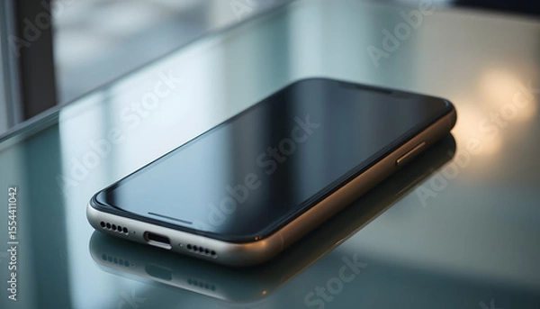Fototapeta Modern smartphone lying on a glass table with a sleek design and minimalistic style