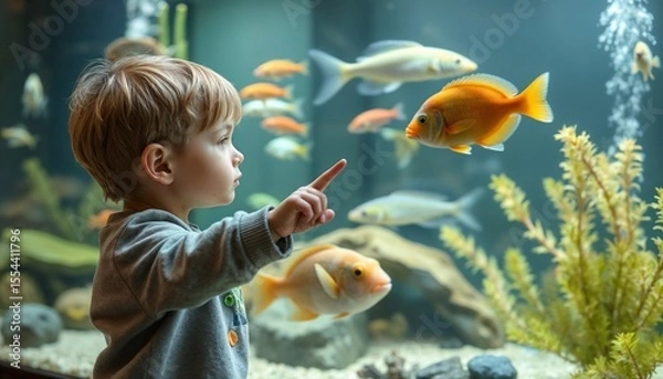 Fototapeta Curious child observing colorful fish in an aquarium, pointing with fascination