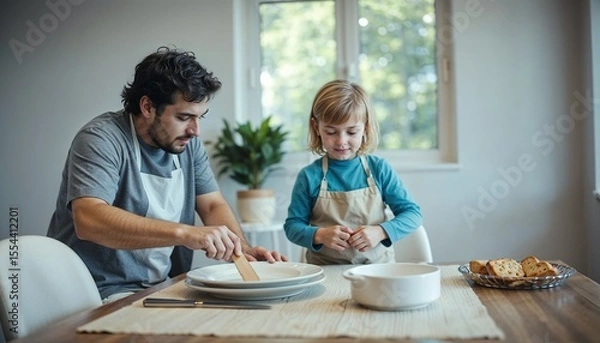 Fototapeta Father and child cooking together in a bright kitchen, engaging in a fun baking activity
