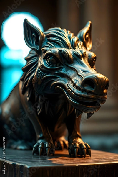 Fototapeta Bronze statue of a mythical boar with intricate details and expressive features
