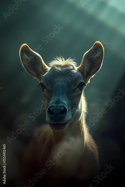 Fototapeta Serene portrait of a young deer illuminated by soft light in a misty atmosphere
