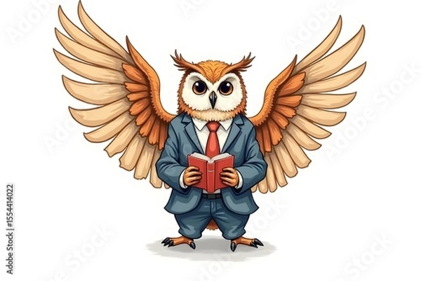 Fototapeta pastel Owl man with large wings in a suit with books. Smart bird. Fashion animal character. Hand drawn
