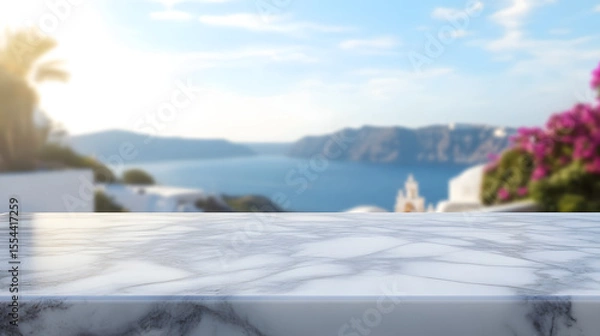 Obraz Beautiful empty marble table with blurred background of Santorini, Greece. Empty place illustration for mock up.