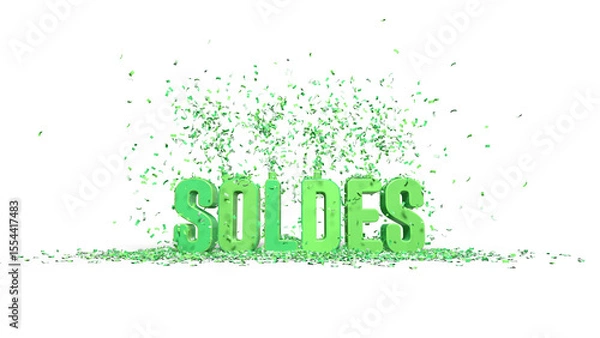 Fototapeta texte SOLDES écrit en vert avec jets de confettis sur le dessus - commerce - rendu 3D sur fond transparent	

