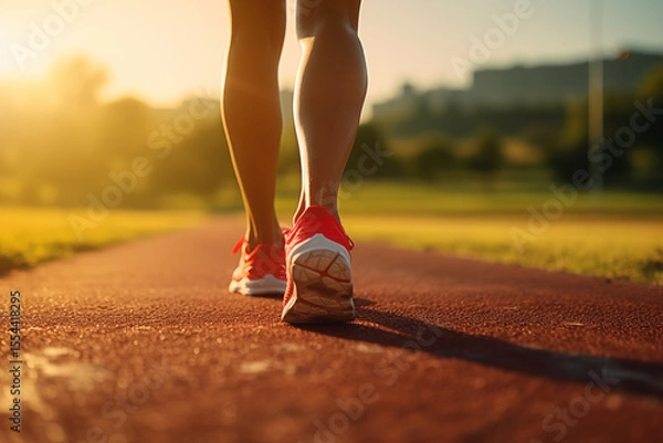 Fototapeta Close up view of runner sport shoes sprint running on track. A healthy life style showing running and walking theme