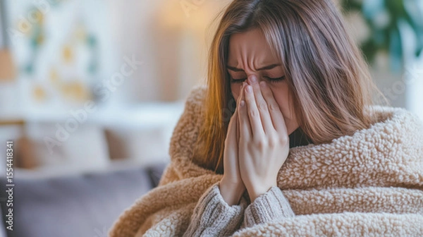 Fototapeta A young woman fell ill. A woman on a sofa with a napkin for a runny nose is being treated at home.