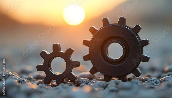 Fototapeta Sunset Gears: Teamwork, Mechanism, and Innovation