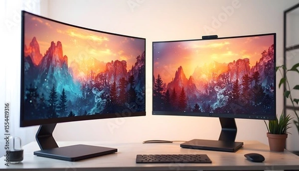 Fototapeta Ultrawide Curved Monitors on Modern Desk Setup