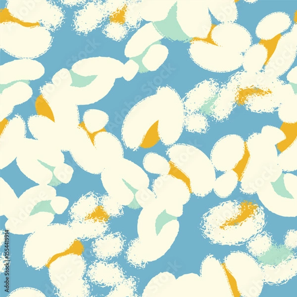 Fototapeta Floral seamless blue pattern with different abstract white fluffy  flowers. Vector background, design, print, wrapping paper, textile