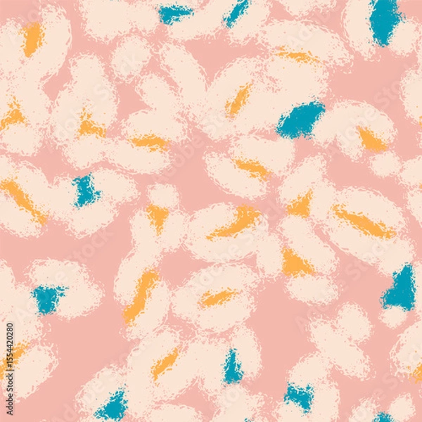 Fototapeta Floral seamless pink pattern with different abstract white fluffy flowers. Vector background, design, print, wrapping paper, textile