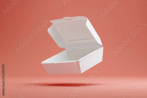 Fototapeta open white takeout box floating, food packaging mockups and restaurant branding graphics

